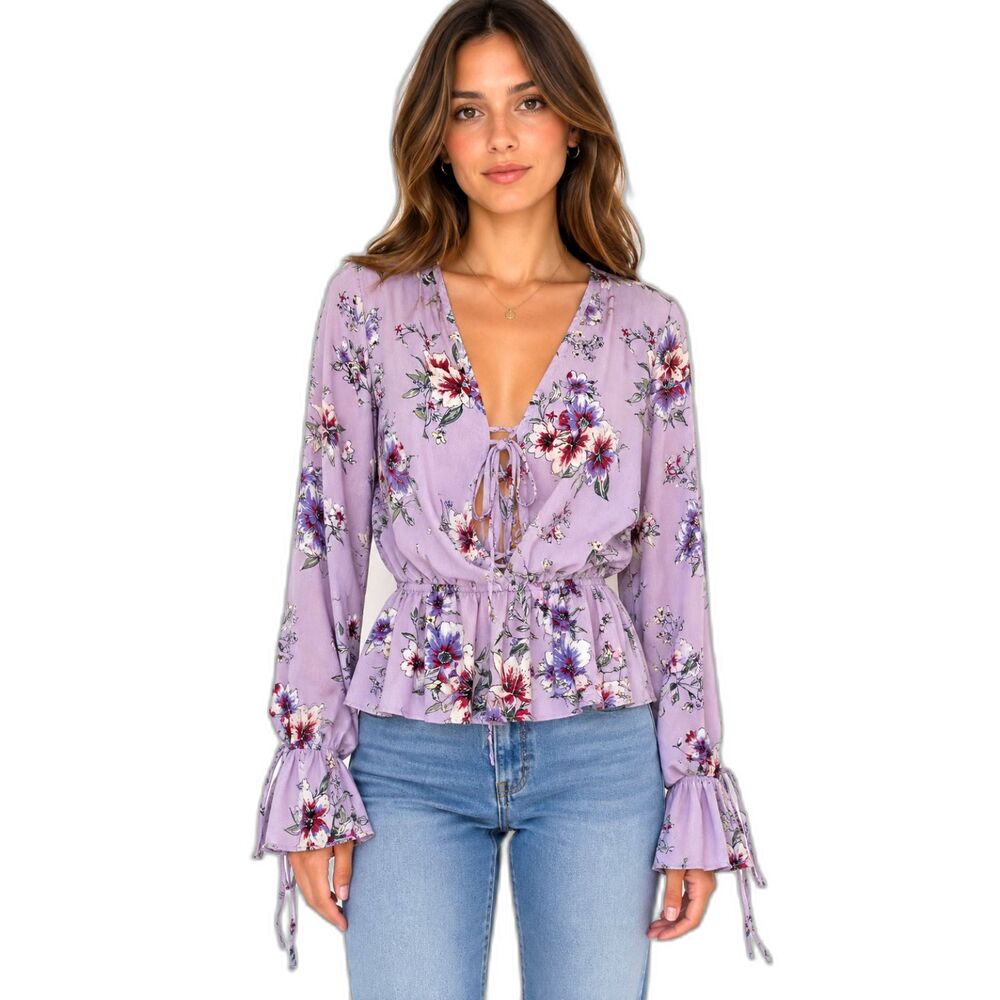 Bershka Lilac Purple Floral Frill Wrap Blouse Peplum Tie Front Long Sleeve M